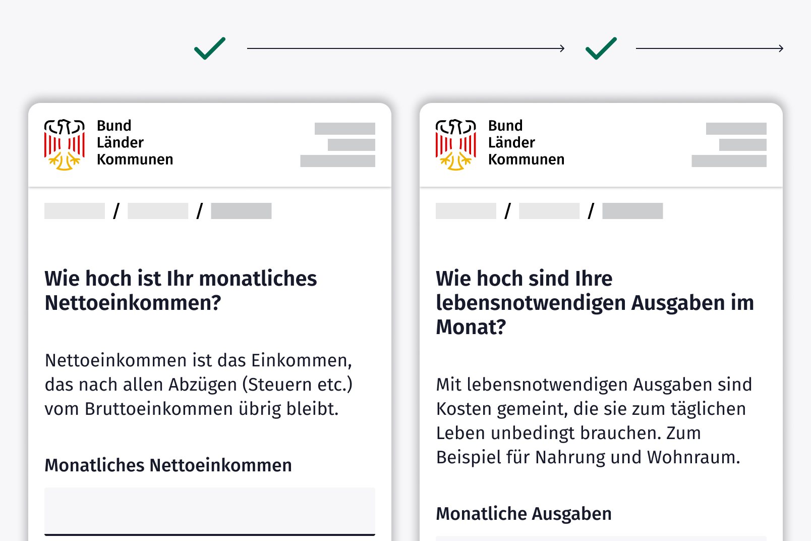 Zwei schematische Behördenformulare mit jeweils einem grünen Haken darüber; Frage des ersten Formulars: „Wie hoch ist Ihr monatliches Nettoeinkommen?“, dazu die Erklärung: „Nettoeinkommen ist das Einkommen, das nach allen Abzügen (Steuern etc.) vom Bruttoeinkommen übrig bleibt“, darunter eine Abfrage mit einem Texteingabefeld „Monatliches Nettoeinkommen“; Frage des zweiten Formulars: „Wie hoch sind Ihre lebensnotwendigen Ausgaben im Monat?“, dazu die Erklärung: „Mit lebensnotwendigen Ausgaben sind Kosten gemeint, die sie zum täglichen Leben unbedingt brauchen. Zum Beispiel für Nahrung und Wohnraum.“, darunter eine Abfrage mit einem Texteingabefeld „Monatliche Ausgaben“