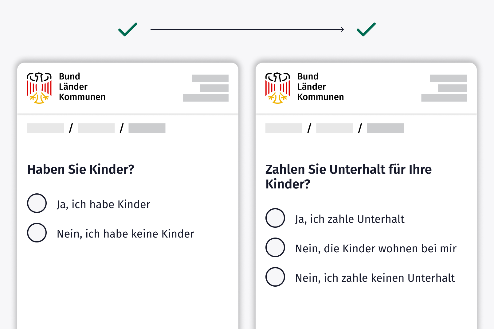 Interface mit den Fragen „Ist Ihr Kind bereits volljährig?“
