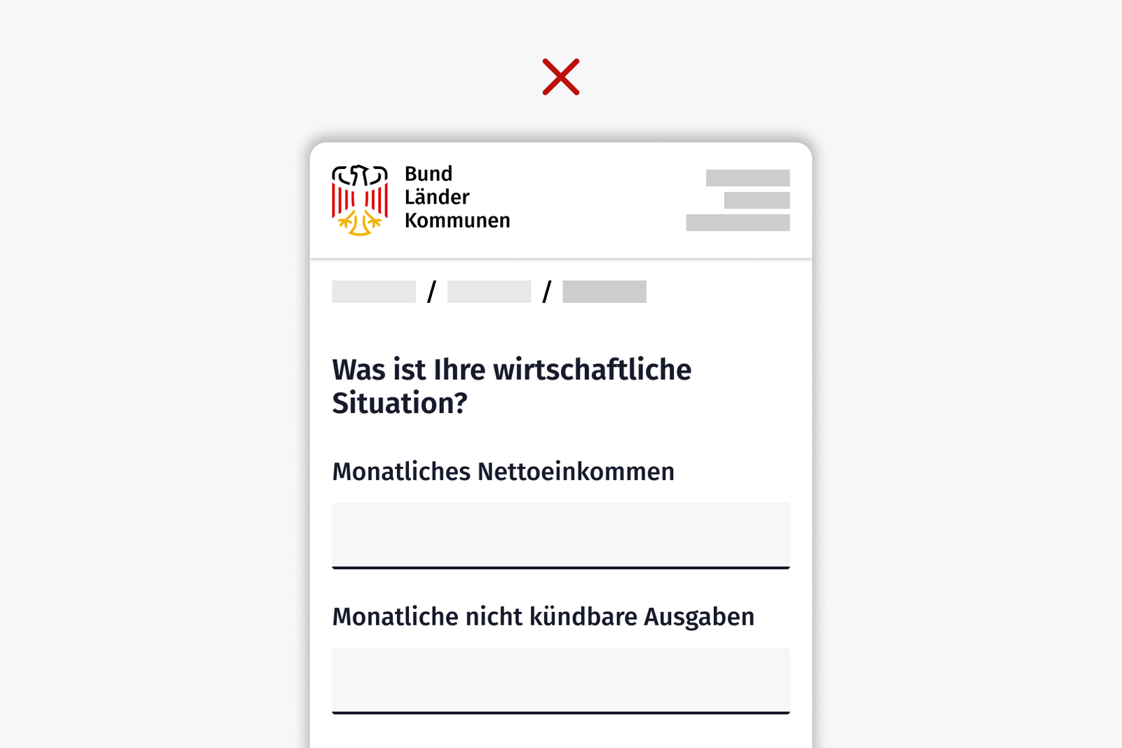 Schematisches Behördenformular mit einem roten Kreuz darüber; Frage: „Was ist Ihre wirtschaftliche Situation?“, darunter zwei Abfragen mit jeweils einem Texteingabefeld: „Monatliches Nettoeinkommen“ und „Monatliche nicht kündbare Ausgaben“