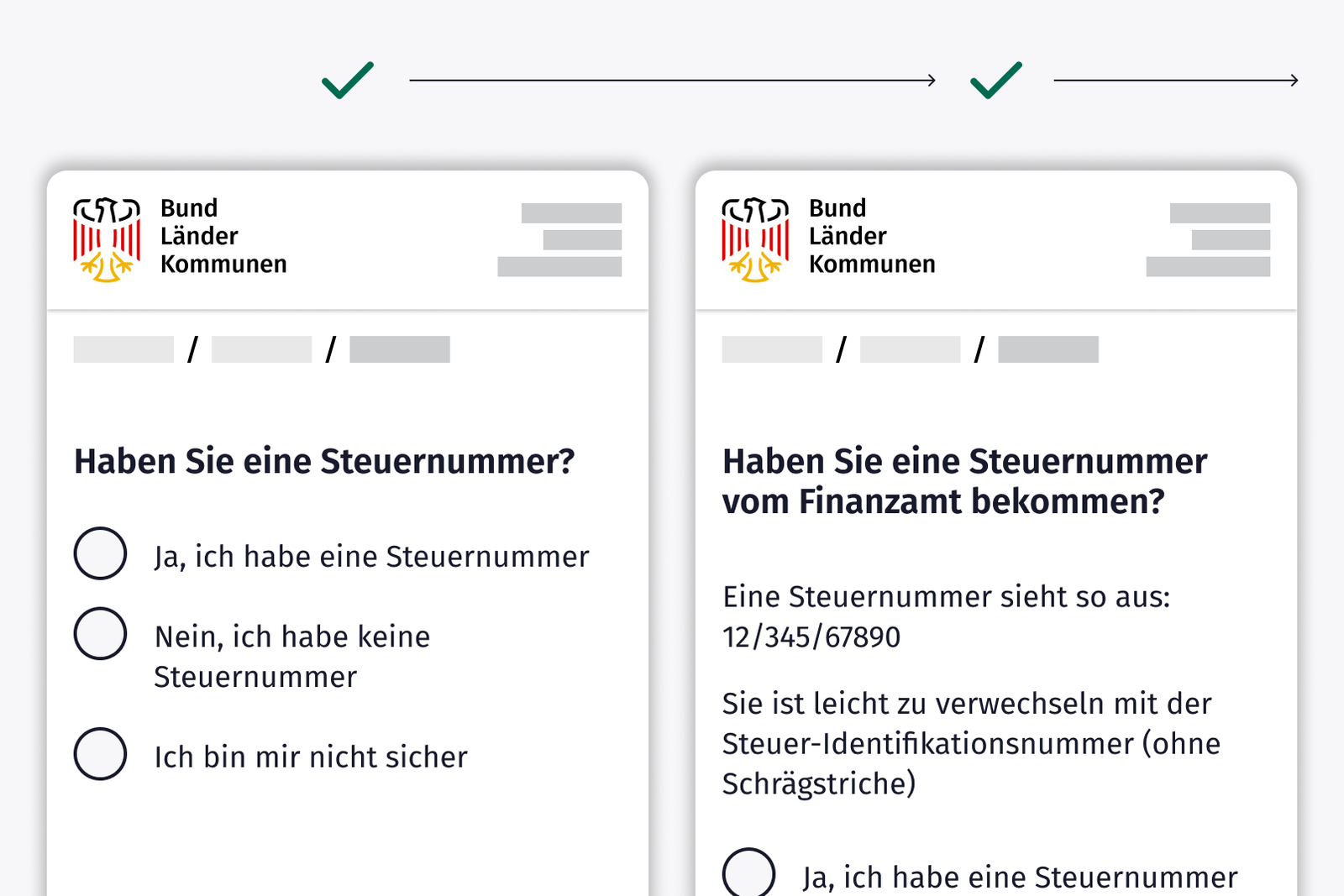 Zwei schematische Behördenformulare mit jeweils einem grünen Haken darüber; Frage des ersten Formulars: „Haben Sie eine Steuernummer?“, drei Antwortmöglichkeiten: „Ja, ich habe eine Steuernummer“, „Nein, ich habe keine Steuernummer“ und „Ich bin mir nicht sicher“; Frage des zweiten Formulars: „Haben Sie eine Steuernummer vom Finanzamt bekommen?“, dazu die Erklärung: „Eine Steuernummer sieht so aus: 12-Schrägstrich-345-Schrägstrich-67890. Sie ist leicht zu verwechseln mit der Steuer-Identifikationsnummer (ohne Schrägstriche)“, darunter angeschnitten die Antwortmöglichkeit „Ja, ich habe eine Steuernummer“